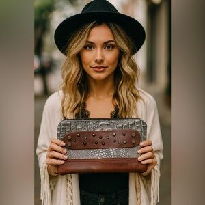 CANOE LEATHER GOODS bohemian croc print leather studded clutch EUC